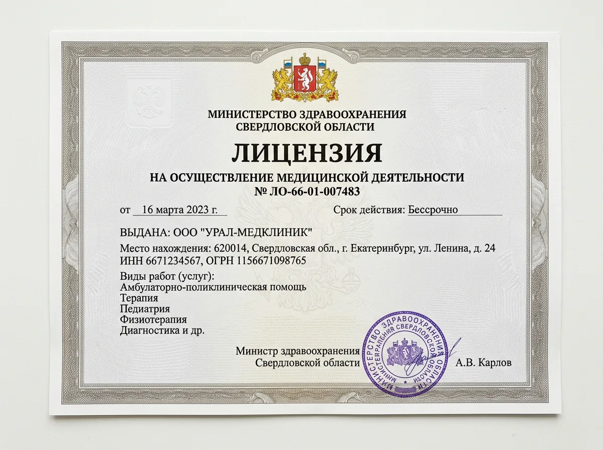 Лицензия на медицинскую деятельность № ЛО-66-01-007483 Министерства здравоохранения Свердловской области, официальный документ на белом фоне с гербом и печатью