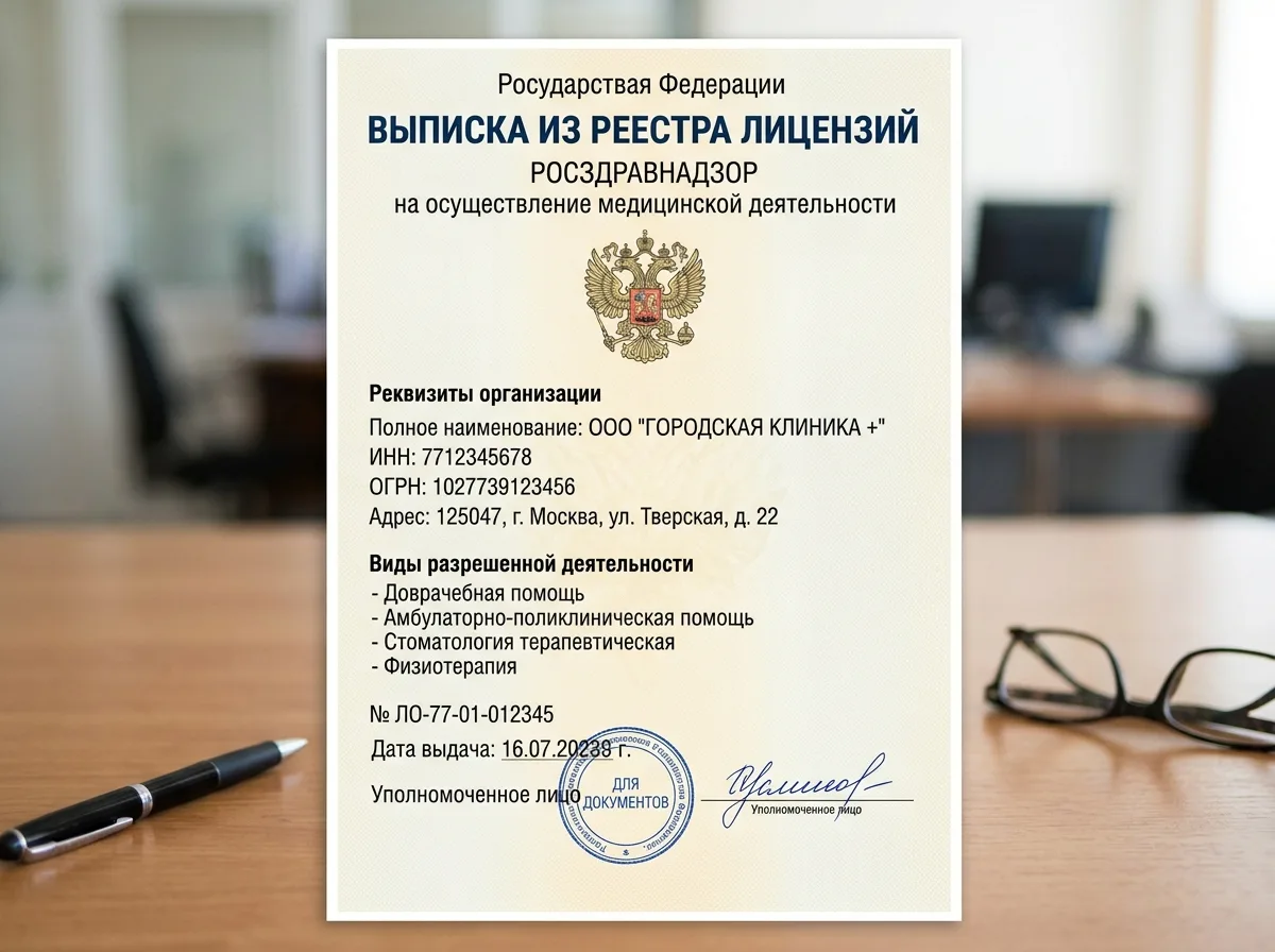 Выписка из реестра лицензий Росздравнадзора на осуществление медицинской деятельности, официальный документ с реквизитами организации и видами разрешённой деятельности
