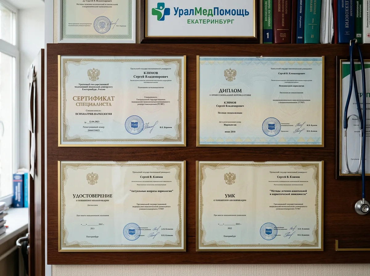 Сертификаты врачей-наркологов клиники УралМедПомощь, документы об окончании специализации и повышении квалификации по наркологии, Екатеринбург