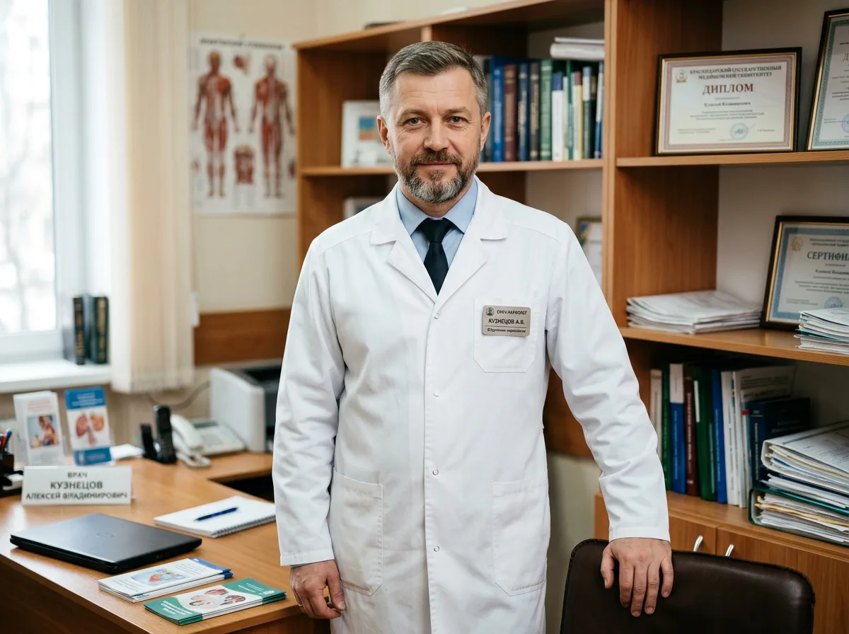 Врач-нарколог Кузнецов Алексей Владимирович, мужчина 45 лет в белом халате, профессиональный портрет в медицинском кабинете, уверенный взгляд
