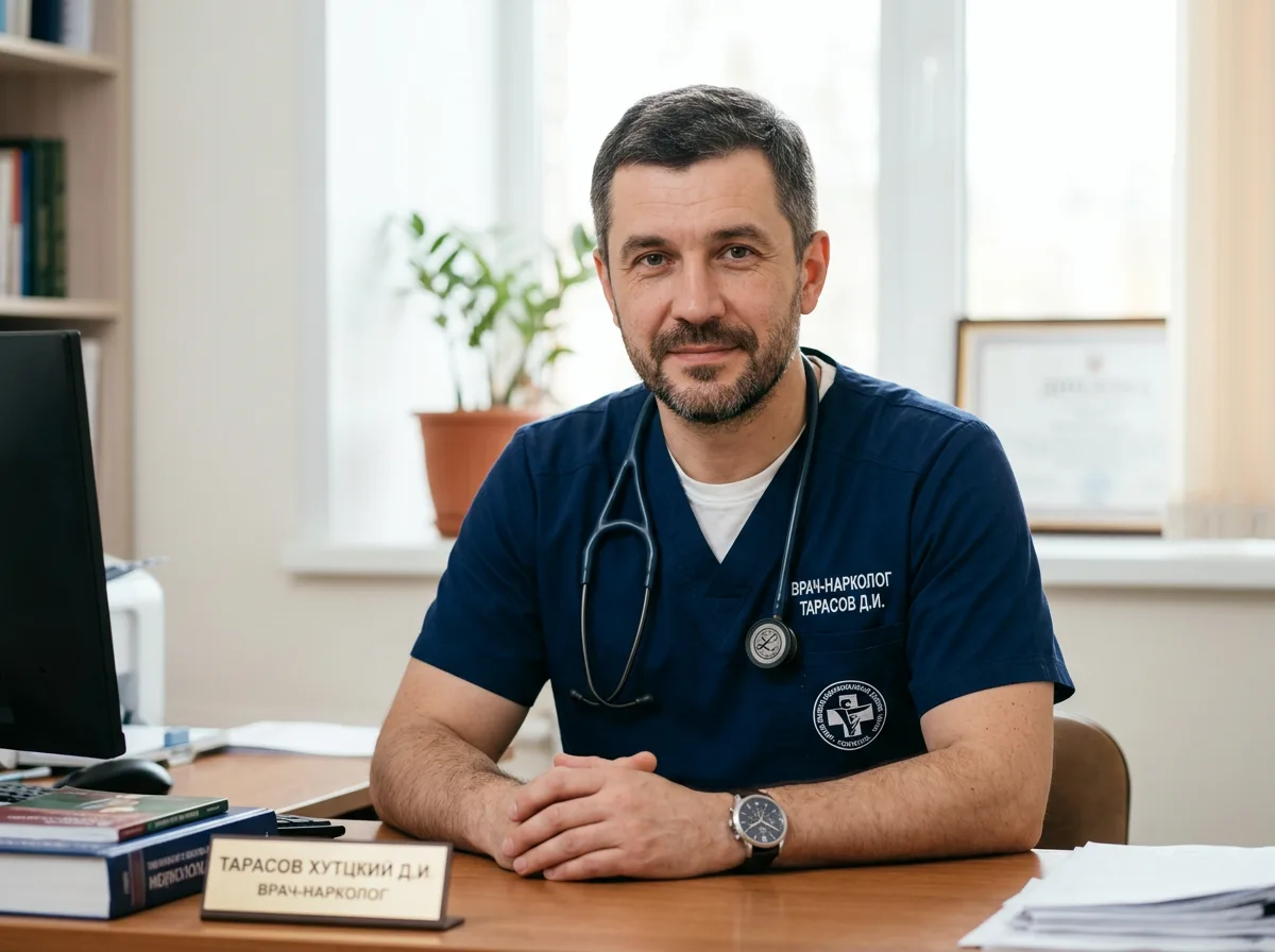Врач-нарколог Тарасов Дмитрий Игоревич, мужчина 41 год в синей медицинской форме, портрет на светлом фоне, серьёзный профессиональный вид