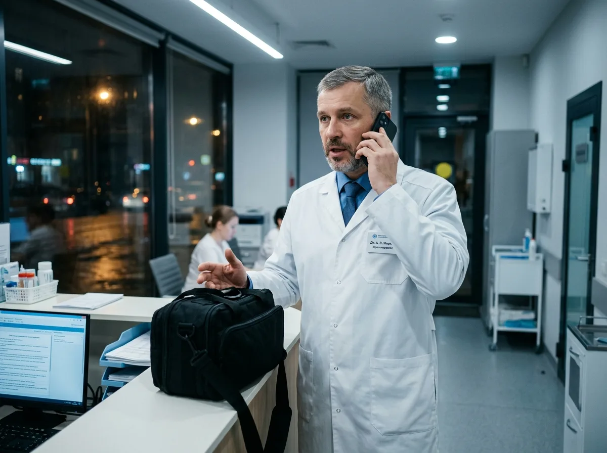 Врач-нарколог в белом халате разговаривает по телефону, готов выехать на вызов, медицинский центр, профессиональная обстановка, ночное время